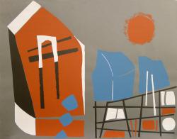 Jo van Dijk<br />Abstracte compositie in blauw, bruin, zwart en wit