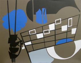 Jo van Dijk<br />Abstracte compositie in zwart, blauw en wit