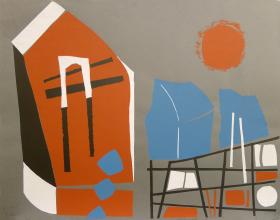 Jo van Dijk<br />Abstracte compositie in blauw, bruin, zwart en wit