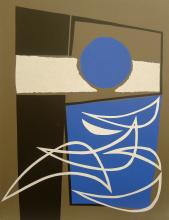 Jo van Dijk<br />Abstracte compositie in blauw, zwart en wit