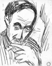 borststuk, hoofd en lichaam naar rechts, wegziend, naar rechtsonder kijkend, hand aan de kin/peinzend, kalend